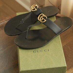 Gucci Black Leather Double G Marmont Logo Thong Flip Flop Flat Sandals